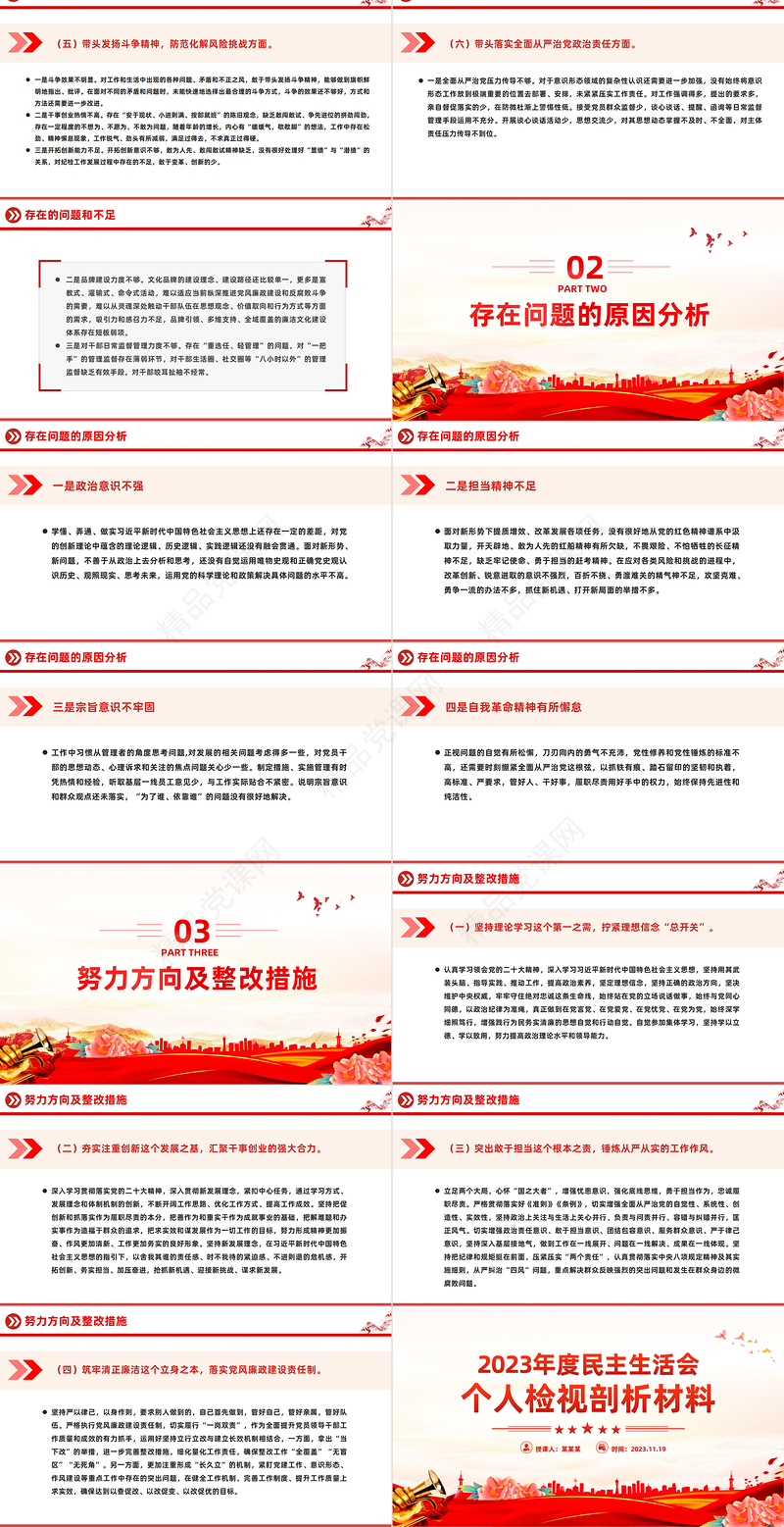 党政风优质民主生活会PPT党员检视问题原因分析及整改措施模板
