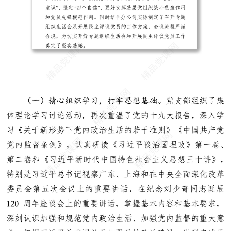 公司党支部召开专题组织生活会和开展民主评议党员工作情况报告