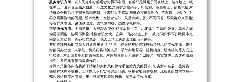 有关紧盯当前党员干部作风纪律突出问题集中开展整治专项行动工作方案