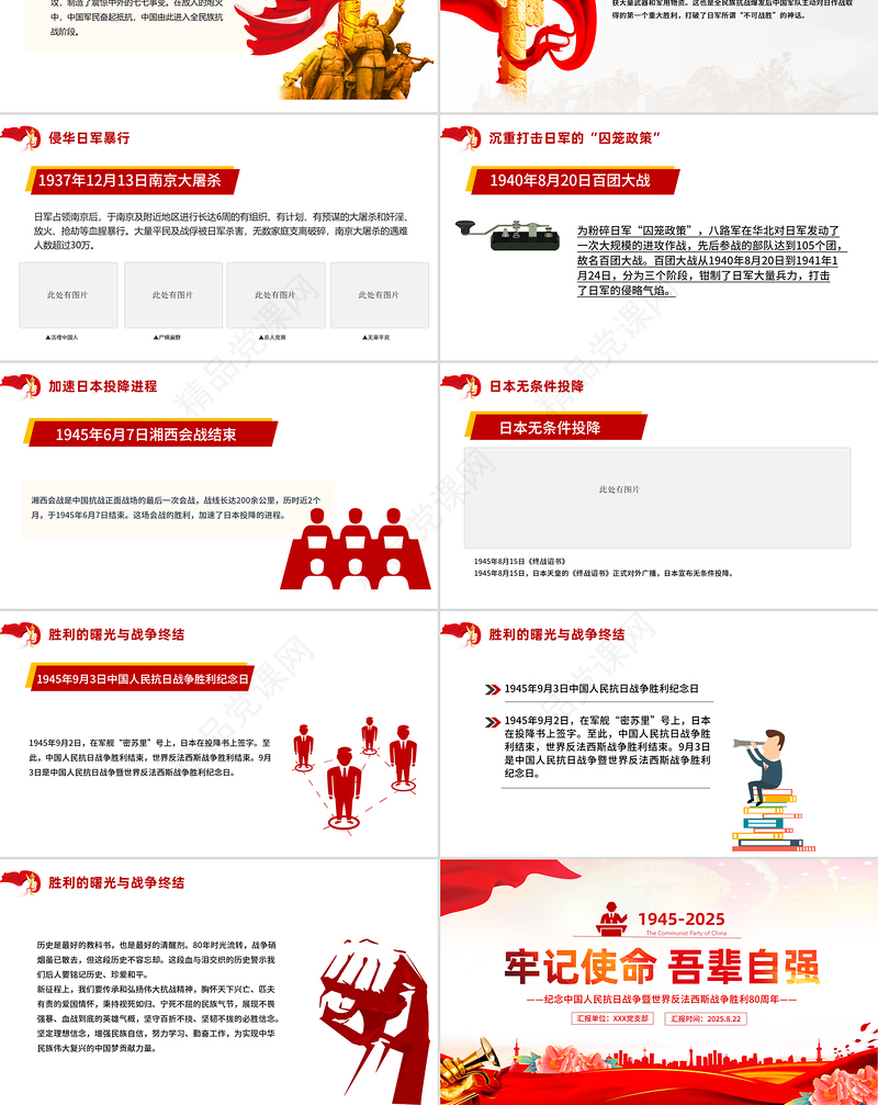 红色简洁纪念中国人民抗日战争暨世界反法西斯战争胜利80周年PPT牢记使命吾辈自强课件