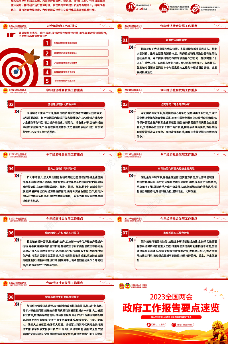 2023政府工作报告要点速览PPT创意优质深入学习贯彻全国两会精神党课课件