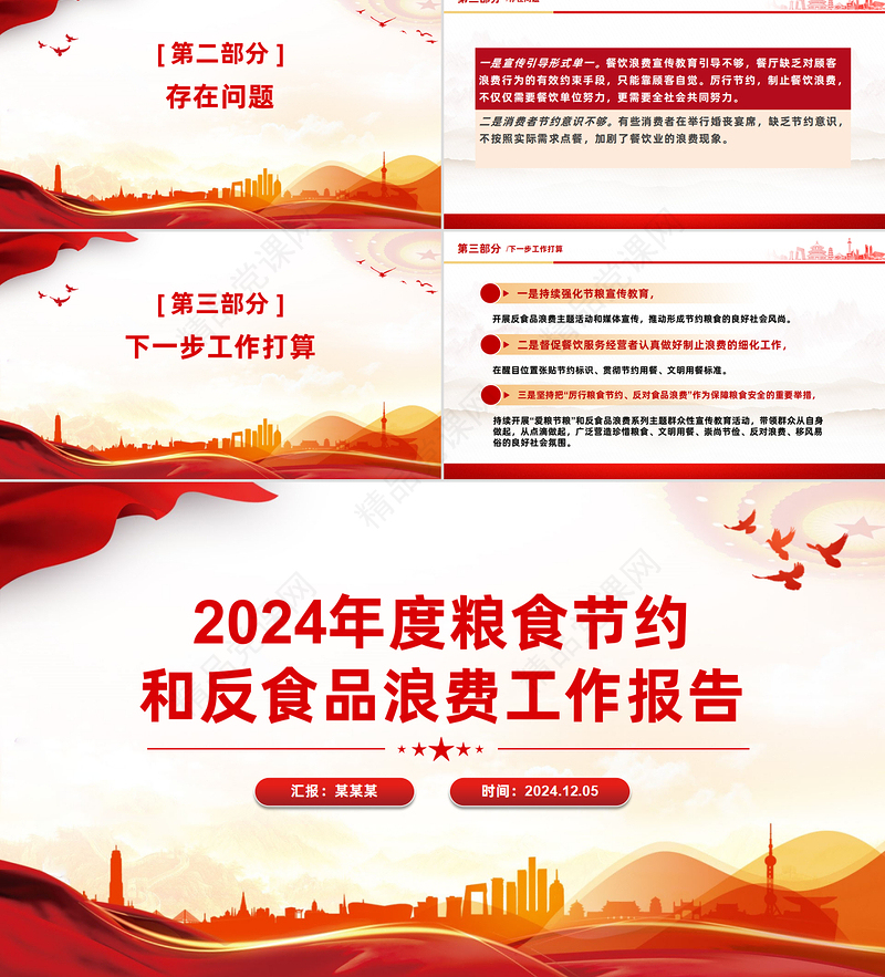 红色大气2024年度粮食节约和反食品浪费工作报告PPT模板下载