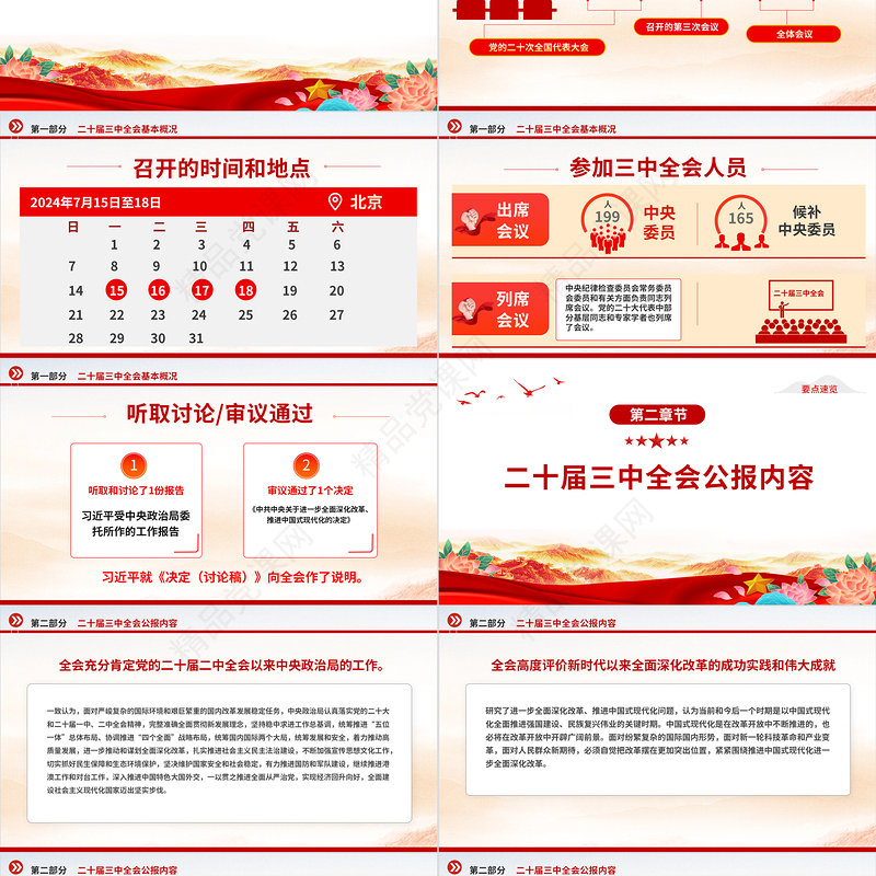 红色简洁2024年党的二十届三中全会公报要点速览PPT党课模板