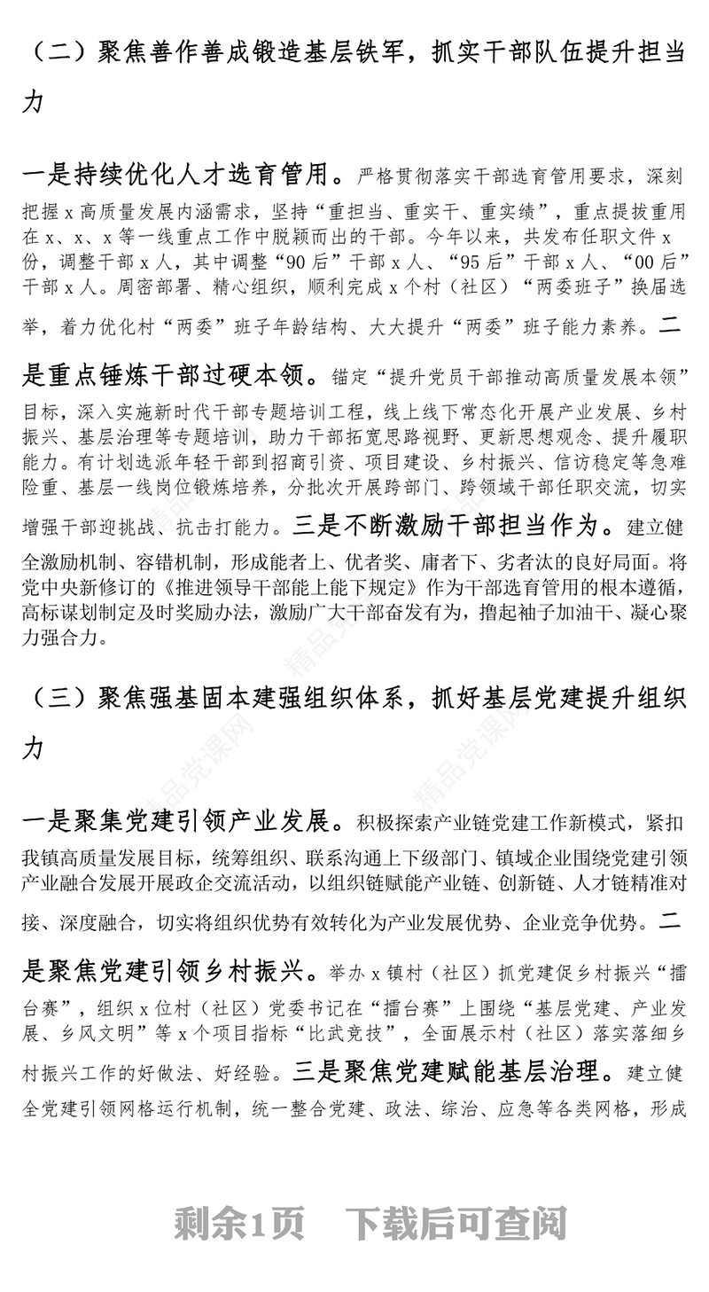 乡镇2024年党建工作总结和2025年工作计划范文下载