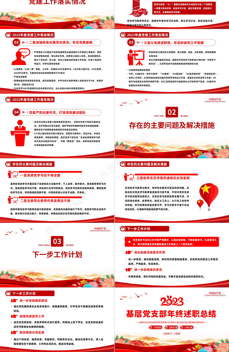 2024基层党支部年终述职总结PPT党建风基层党支部开展工作制定计划主题党日活动专题党建党课模板