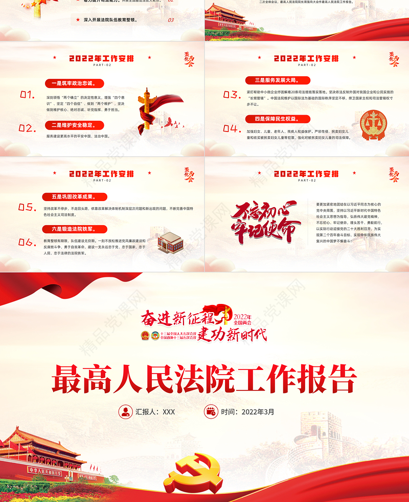 最高人民法院工作报告PPT红色党政风深入贯彻学习2022年全国两会精神专题党课课件模板