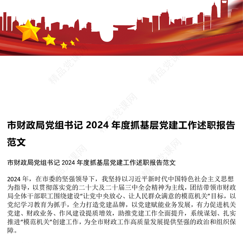 市财政局党组书记2024年度抓基层党建工作述职报告范文下载