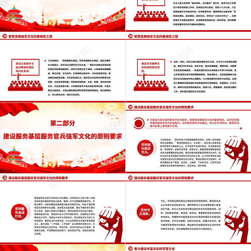 把强军文化建设重心放在服务基层服务官兵上PPT红色党政风繁荣发展强军文化专题党课课件模板