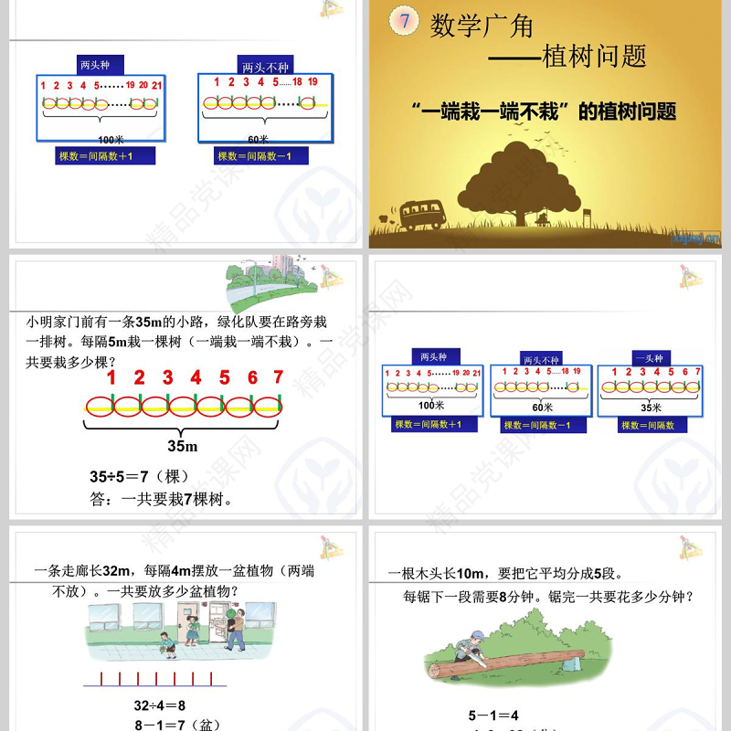  植树问题-例1、例2(两端栽、两头不栽、一端栽一端不栽)ppt模板