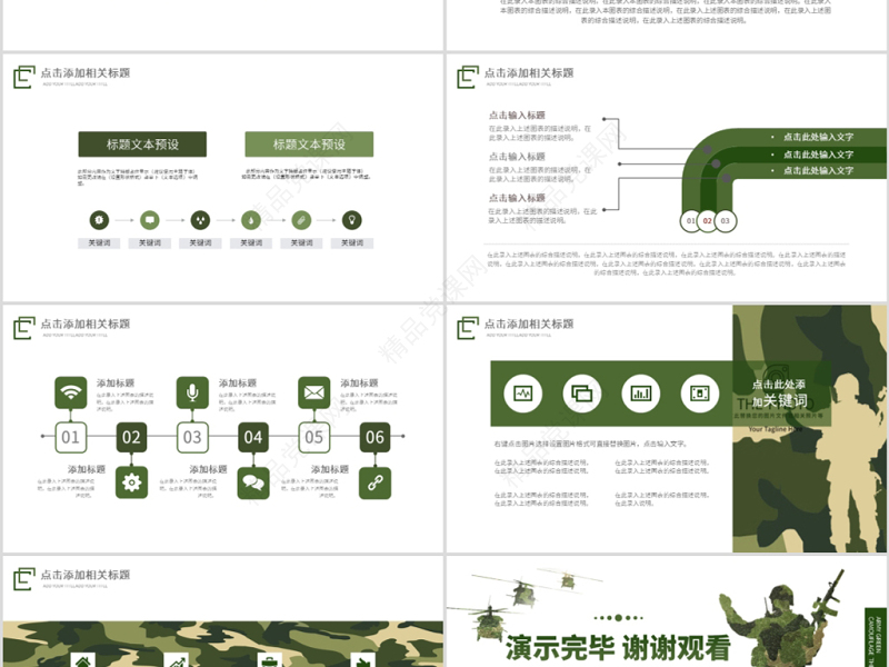 原创迷彩军绿色军人部队主题教育演习PPT模板