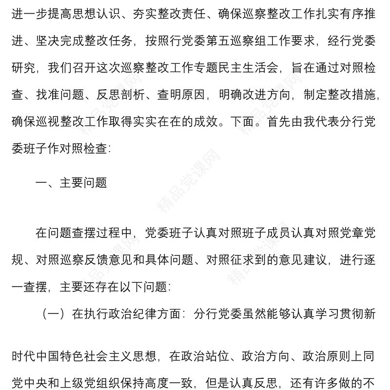 银行党委班子巡察整改专题民主生活会对照检查材料范文