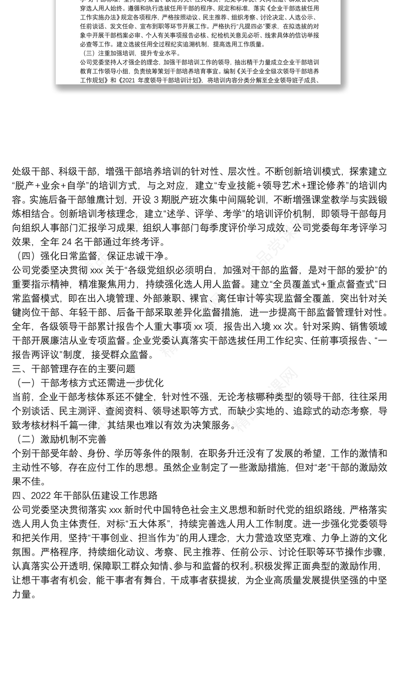 公司党委2021年度干部队伍建设和选人用人工作情况报告（国企）