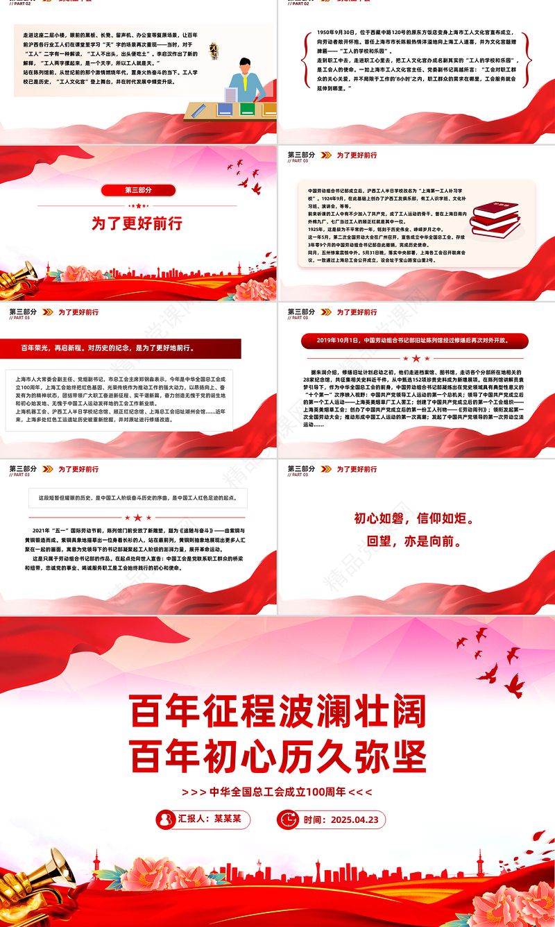 红色大气中华全国总工会成立100周年PPT学习课件