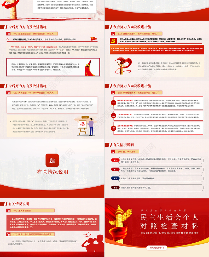 书记党史学习教育专题民主生活会个人对照检查材料PPT党政风精品党政部门党支部教育专题党课模板