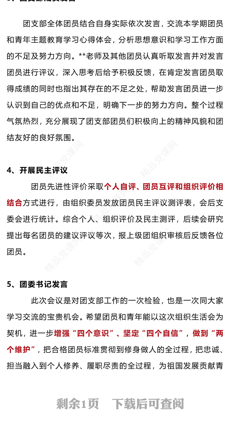 团组织生活会PPT红色精美团员和青年主题教育示范性专题组织生活会模板(讲稿)