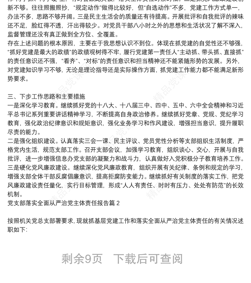 党支部落实全面从严治党主体责任报告6篇