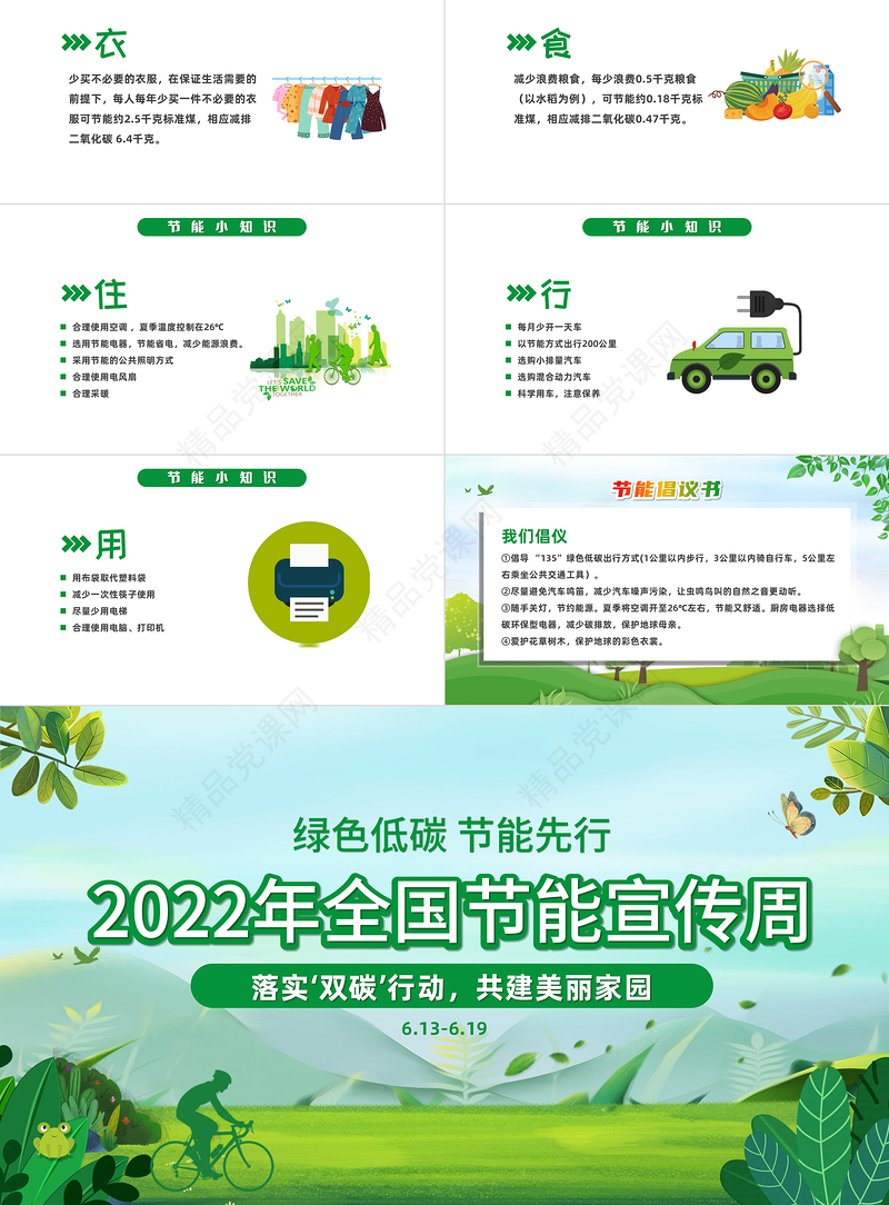 节能宣传周PPT小清新绿色低碳节能先行落实双碳行动共建美丽家园节能主题班会模板