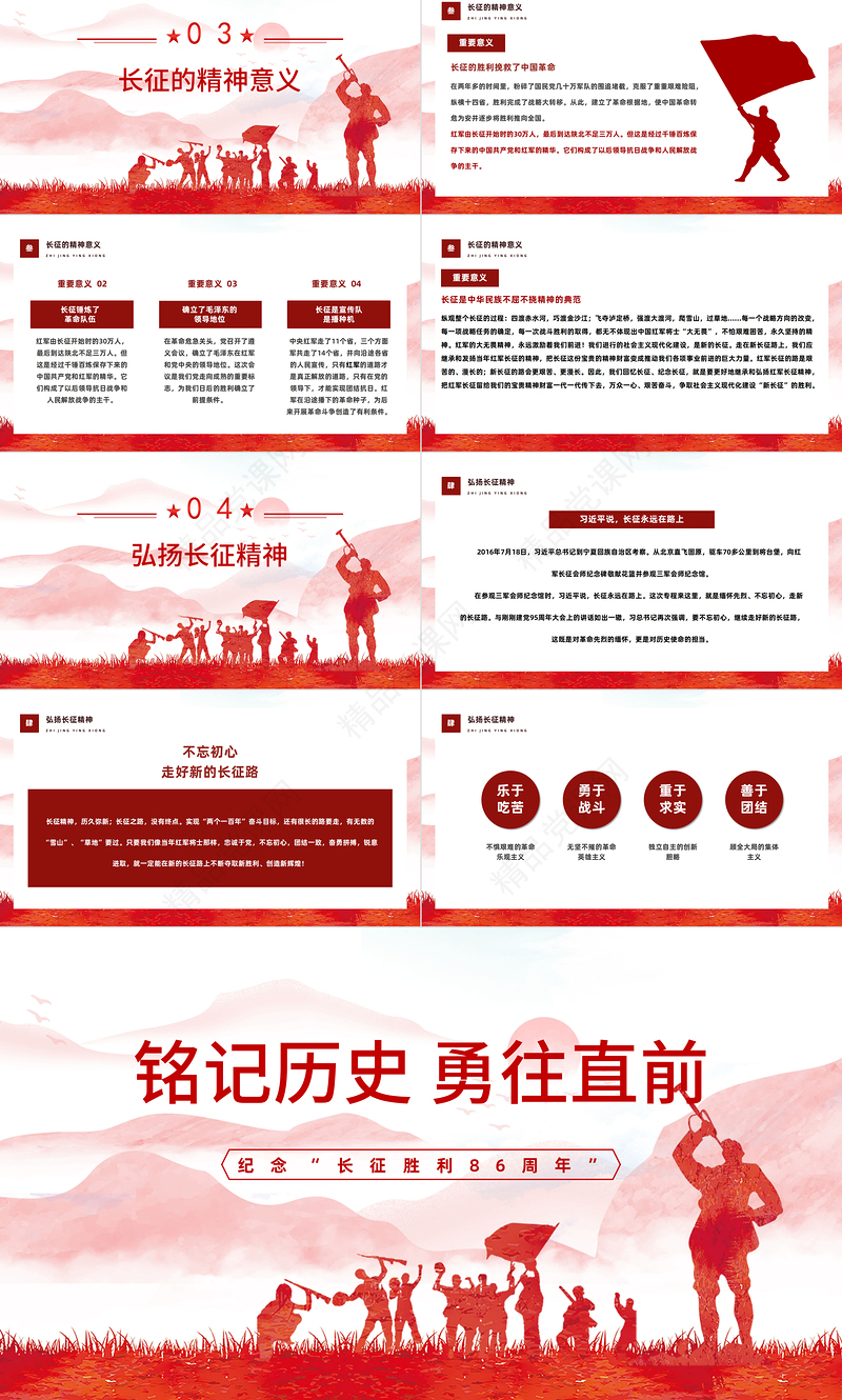 2022铭记历史勇往向前PPT红色大气风纪念长征胜利86周年专题党课课件模板