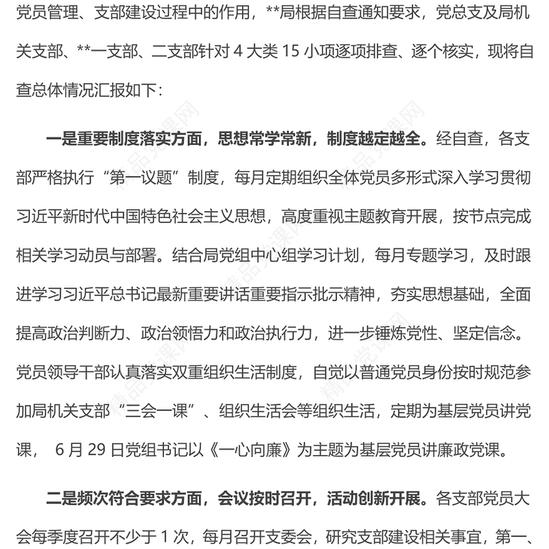 党支部年组织生活落实情况自查报告