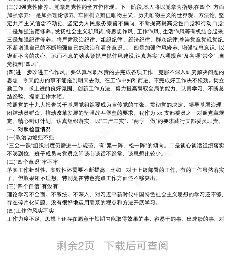 支部委员个人对照检查材料