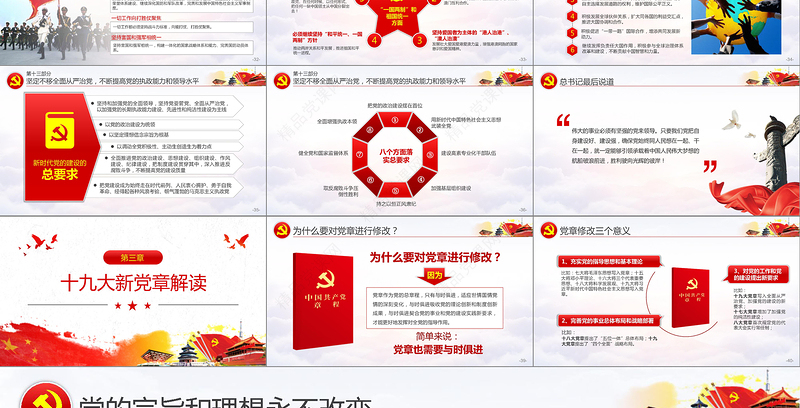 2019中国风学习贯彻十九大会议精神党支部党员党课学习PPT模板