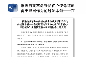 推进自我革命守护初心使命练就勇于担当作为的过硬本领——在党组理论学习中心组“不忘初心、牢记使命”主题教育集中学习研讨会上的发言