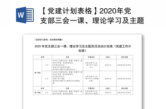 【党建计划表格】2020年党支部三会一课、理论学习及主题党日活动计划表