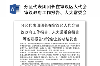 分区代表团团长在审议区人代会审议政府工作报告、人大常委会报告等各项报告讨论会上的总结发言