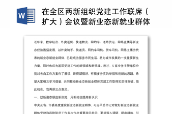 在全区两新组织党建工作联席（扩大）会议暨新业态新就业群体党建工作专班例会上的讲话