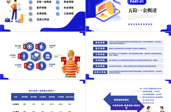 2022企业五险一金知识培训PPT蓝色插画风企业社会保险基础知识模板课件